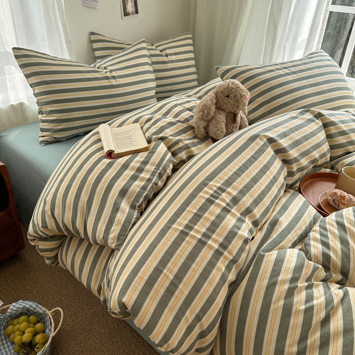 91家纺网 家纺一手货源 找家纺 思诺羽床笠 2026新款亲肤云朵双层纱无印风水洗棉三件套四件套 黄绿条