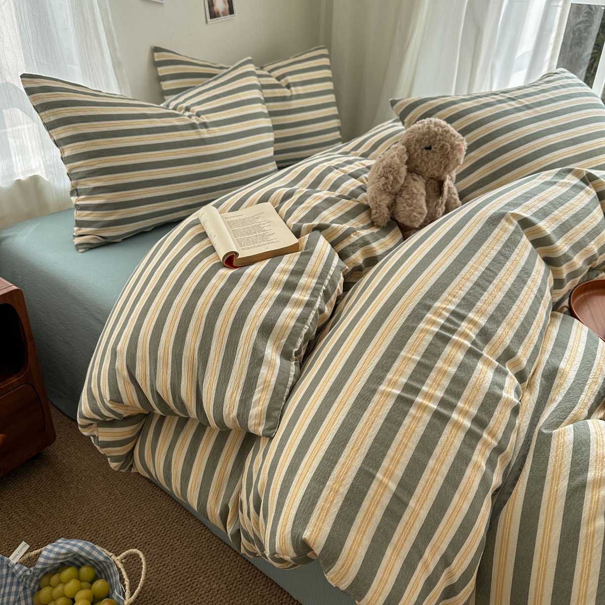 91家纺网 家纺一手货源 找家纺 思诺羽床笠 2026新款亲肤云朵双层纱无印风水洗棉三件套四件套 黄绿条