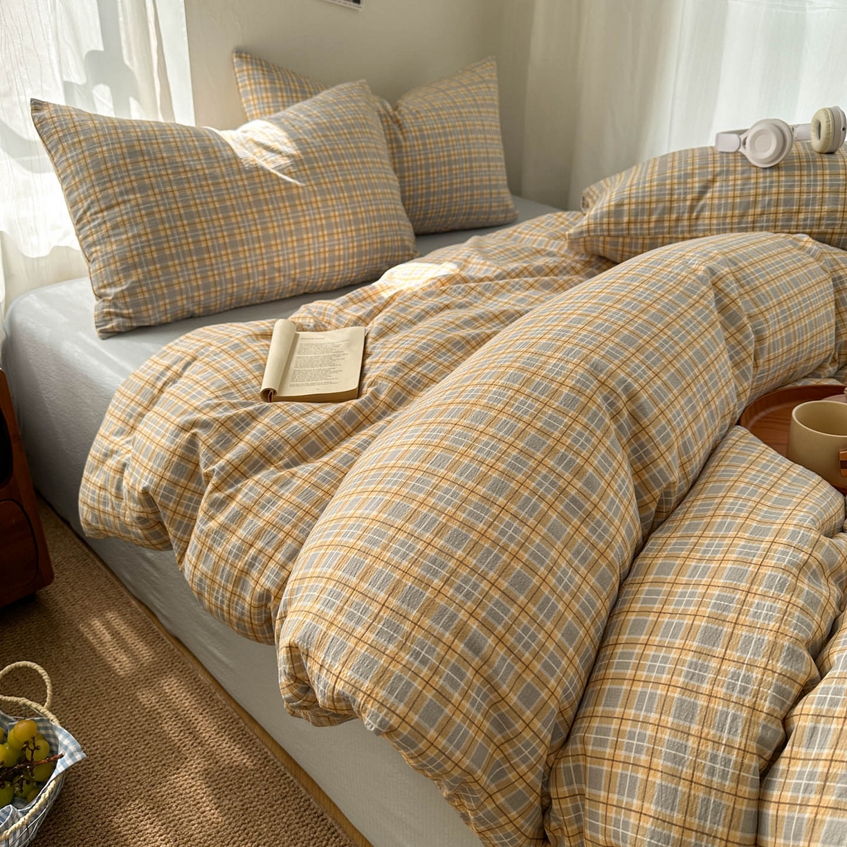 91家纺网 家纺一手货源 找家纺 思诺羽床笠 2026新款亲肤云朵双层纱无印风水洗棉三件套四件套 简兮格