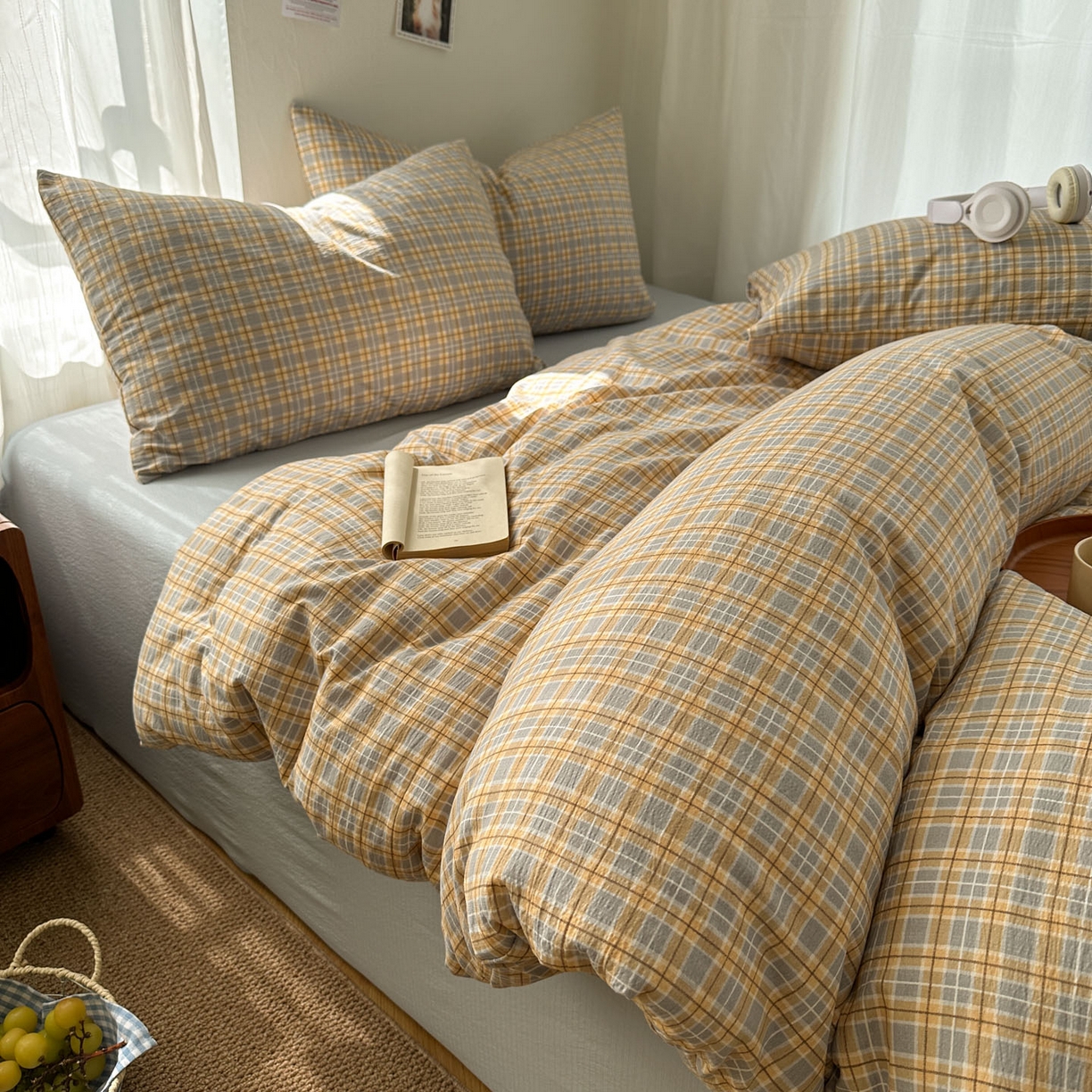 91家纺网 家纺一手货源 找家纺 思诺羽床笠 2026新款亲肤云朵双层纱无印风水洗棉三件套四件套 简兮格