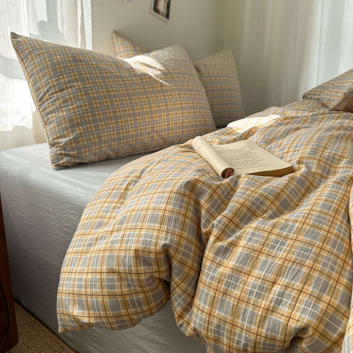 91家纺网 家纺一手货源 找家纺 思诺羽床笠 2026新款亲肤云朵双层纱无印风水洗棉三件套四件套 简兮格