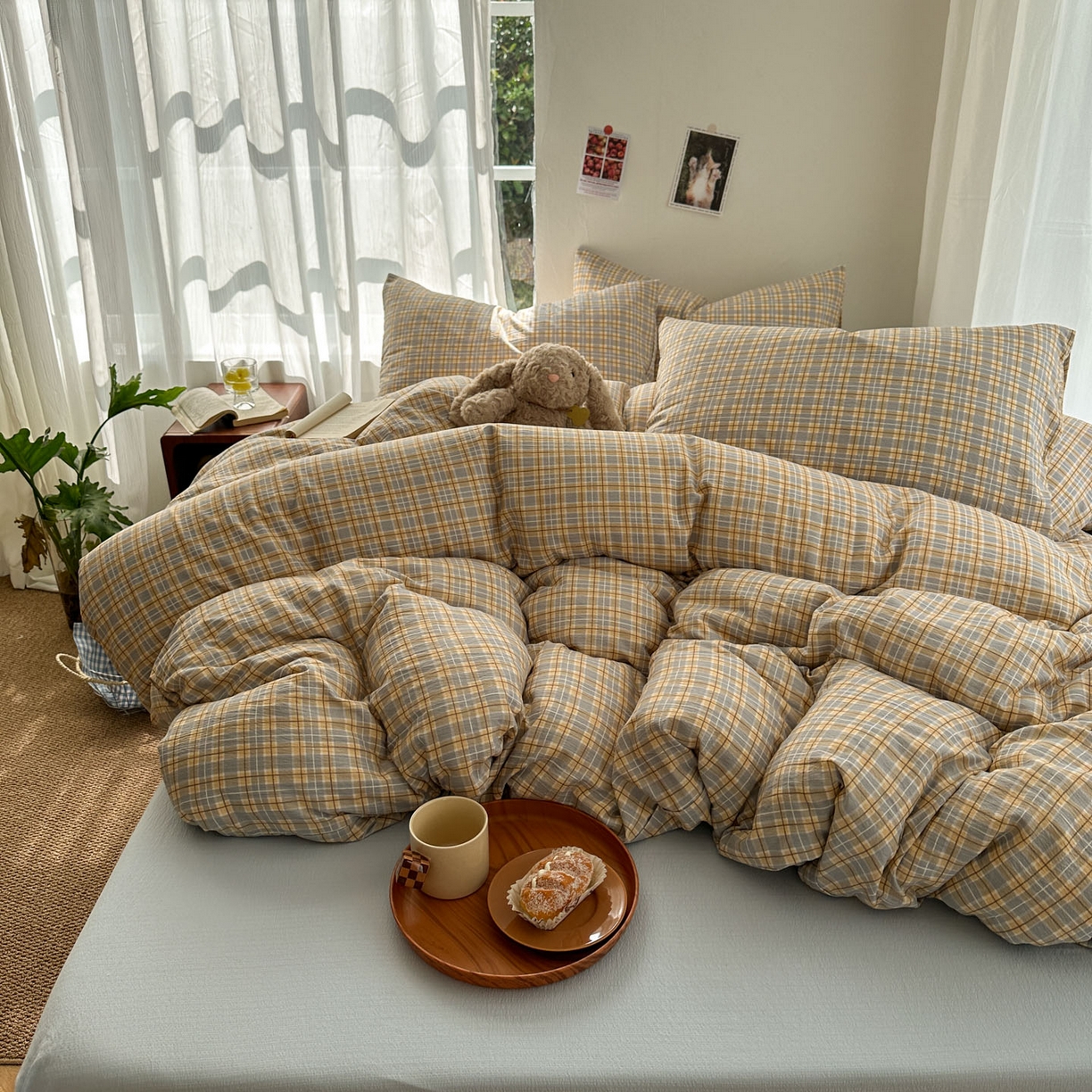 91家纺网 家纺一手货源 找家纺 思诺羽床笠 2026新款亲肤云朵双层纱无印风水洗棉三件套四件套 简兮格