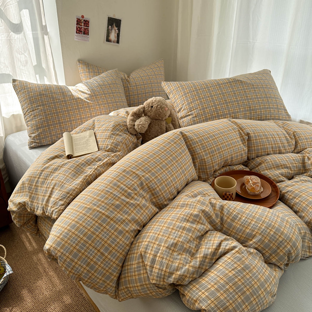 91家纺网 家纺一手货源 找家纺 思诺羽床笠 2026新款亲肤云朵双层纱无印风水洗棉三件套四件套 简兮格