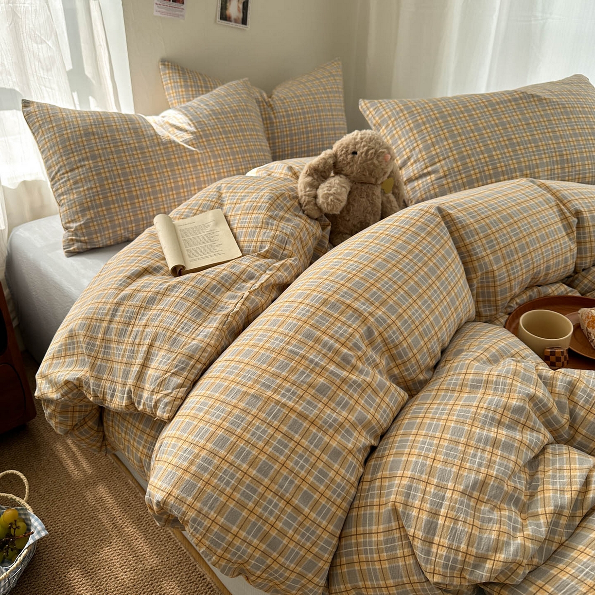 91家纺网 家纺一手货源 找家纺 思诺羽床笠 2026新款亲肤云朵双层纱无印风水洗棉三件套四件套 简兮格