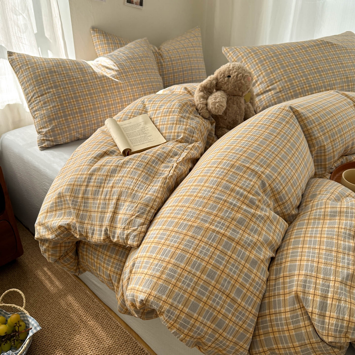 91家纺网 家纺一手货源 找家纺 思诺羽床笠 2026新款亲肤云朵双层纱无印风水洗棉三件套四件套 简兮格