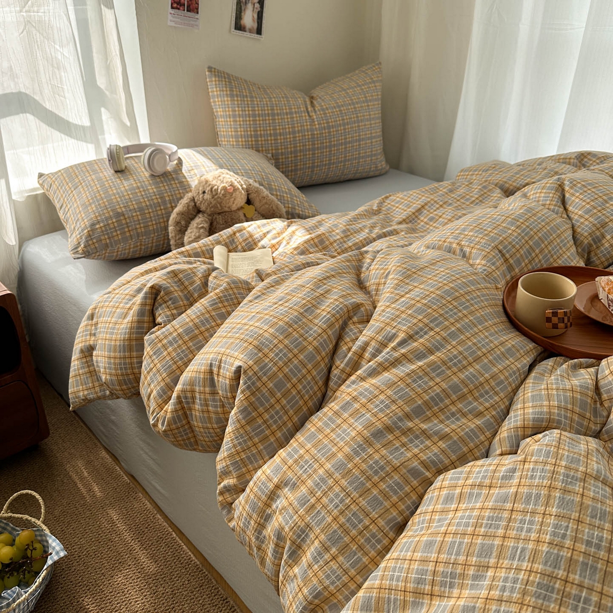 91家纺网 家纺一手货源 找家纺 思诺羽床笠 2026新款亲肤云朵双层纱无印风水洗棉三件套四件套 简兮格