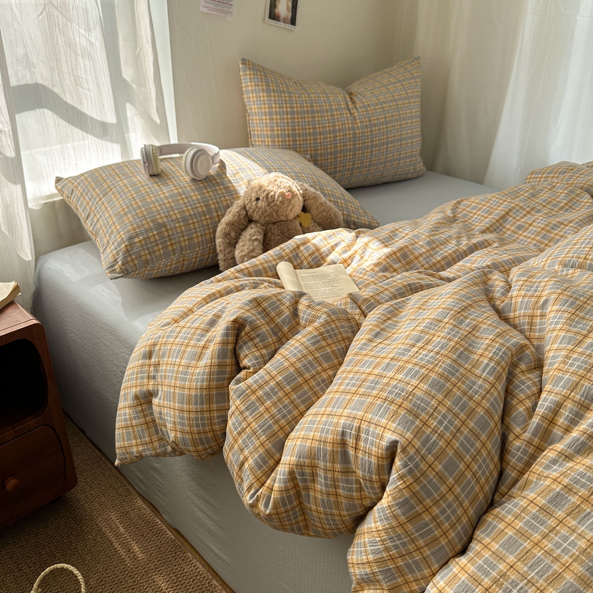 91家纺网 家纺一手货源 找家纺 思诺羽床笠 2026新款亲肤云朵双层纱无印风水洗棉三件套四件套 简兮格