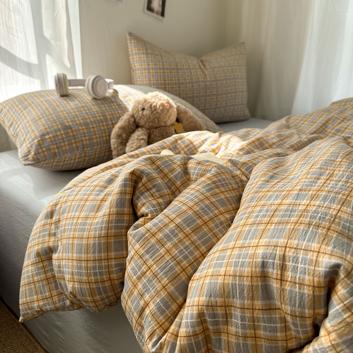 91家纺网 家纺一手货源 找家纺 思诺羽床笠 2026新款亲肤云朵双层纱无印风水洗棉三件套四件套 简兮格