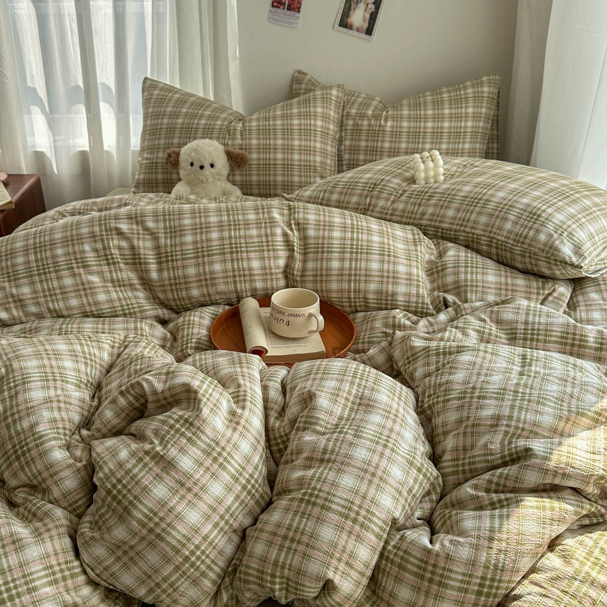 91家纺网 家纺一手货源 找家纺 思诺羽床笠 2026新款亲肤云朵双层纱无印风水洗棉三件套四件套 科隆绿格