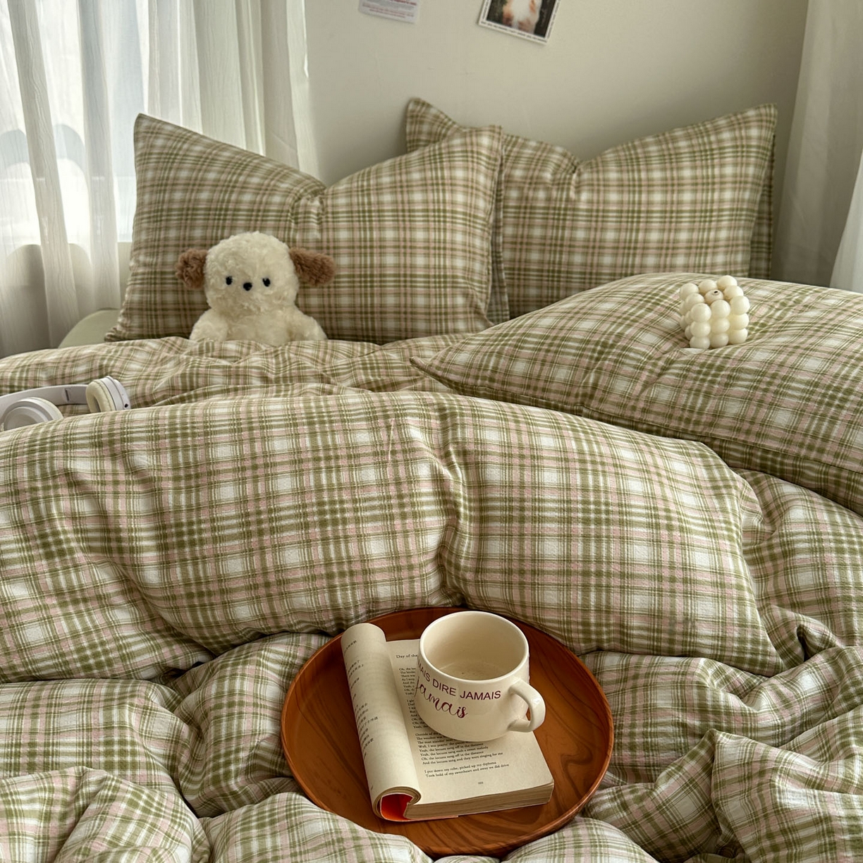 91家纺网 家纺一手货源 找家纺 思诺羽床笠 2026新款亲肤云朵双层纱无印风水洗棉三件套四件套 科隆绿格