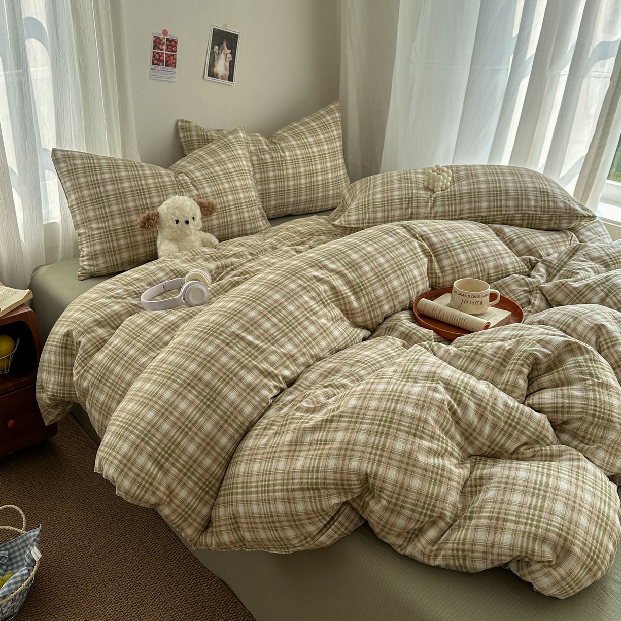 91家纺网 家纺一手货源 找家纺 思诺羽床笠 2026新款亲肤云朵双层纱无印风水洗棉三件套四件套 科隆绿格