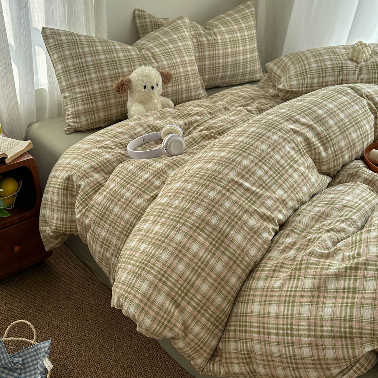 91家纺网 家纺一手货源 找家纺 思诺羽床笠 2026新款亲肤云朵双层纱无印风水洗棉三件套四件套 科隆绿格