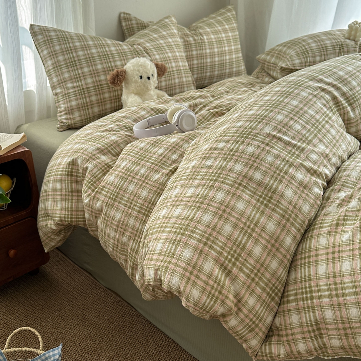 91家纺网 家纺一手货源 找家纺 思诺羽床笠 2026新款亲肤云朵双层纱无印风水洗棉三件套四件套 科隆绿格