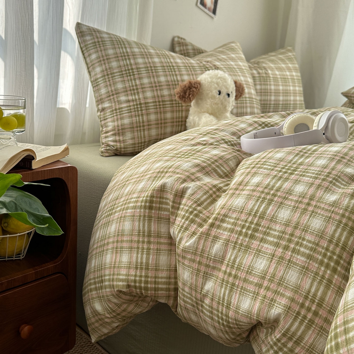 91家纺网 家纺一手货源 找家纺 思诺羽床笠 2026新款亲肤云朵双层纱无印风水洗棉三件套四件套 科隆绿格