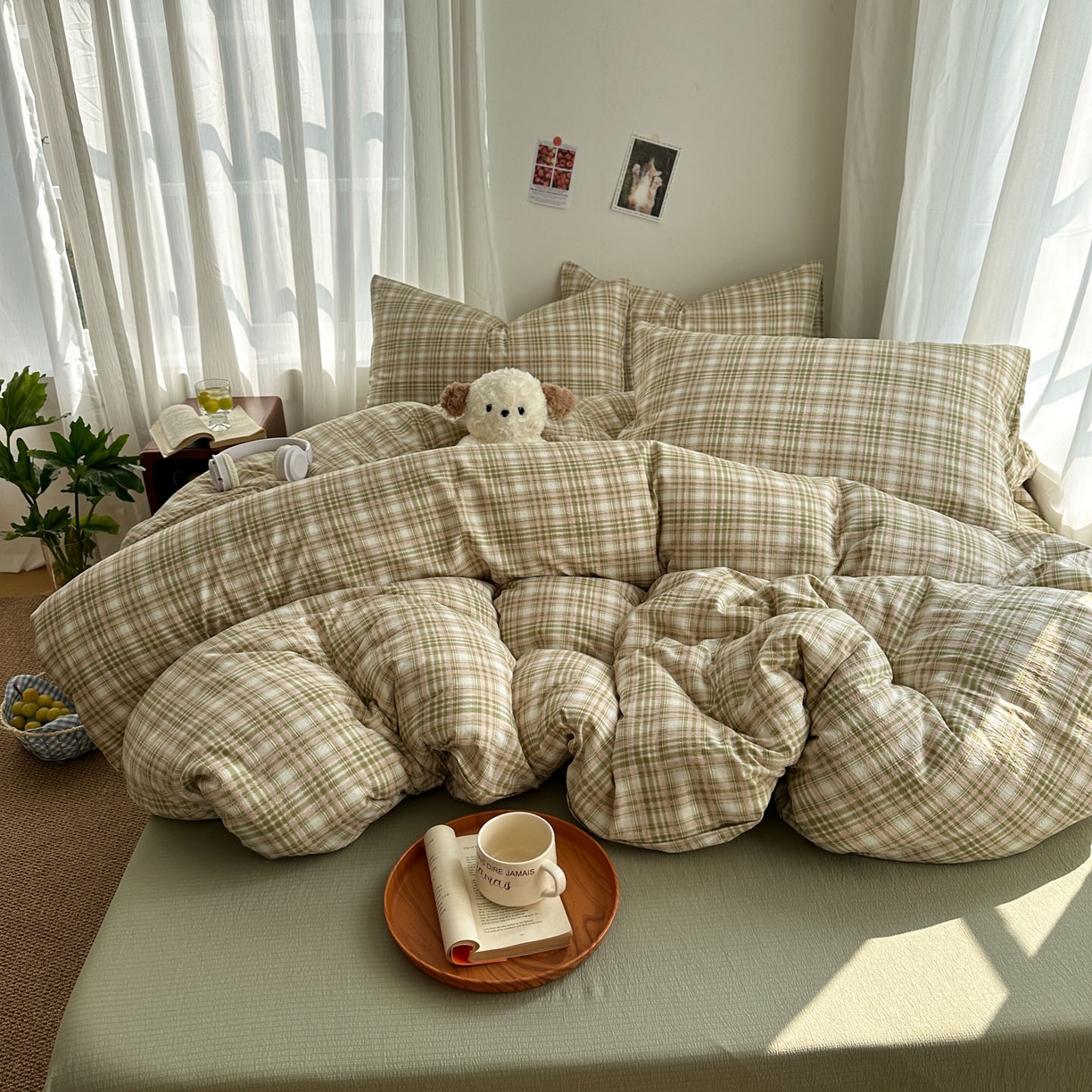 91家纺网 家纺一手货源 找家纺 思诺羽床笠 2026新款亲肤云朵双层纱无印风水洗棉三件套四件套 科隆绿格