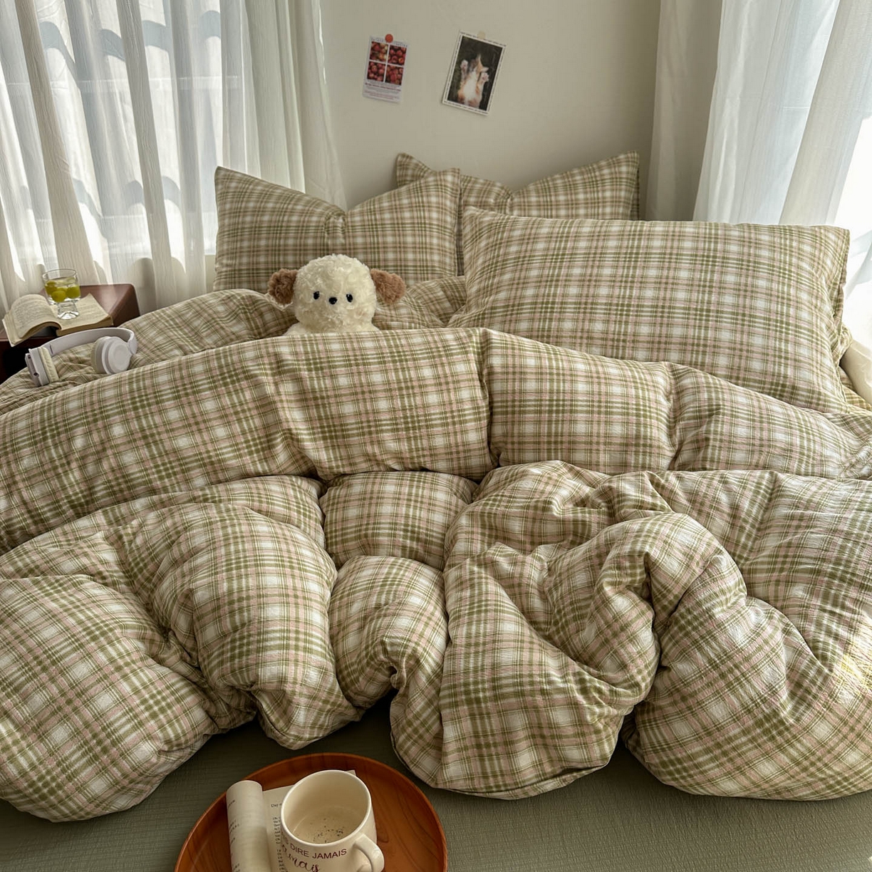 91家纺网 家纺一手货源 找家纺 思诺羽床笠 2026新款亲肤云朵双层纱无印风水洗棉三件套四件套 科隆绿格