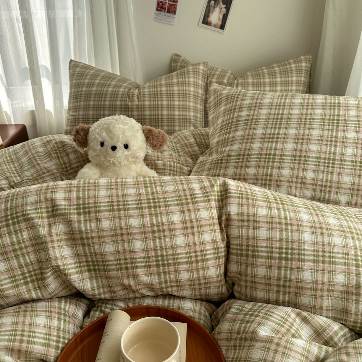 91家纺网 家纺一手货源 找家纺 思诺羽床笠 2026新款亲肤云朵双层纱无印风水洗棉三件套四件套 科隆绿格