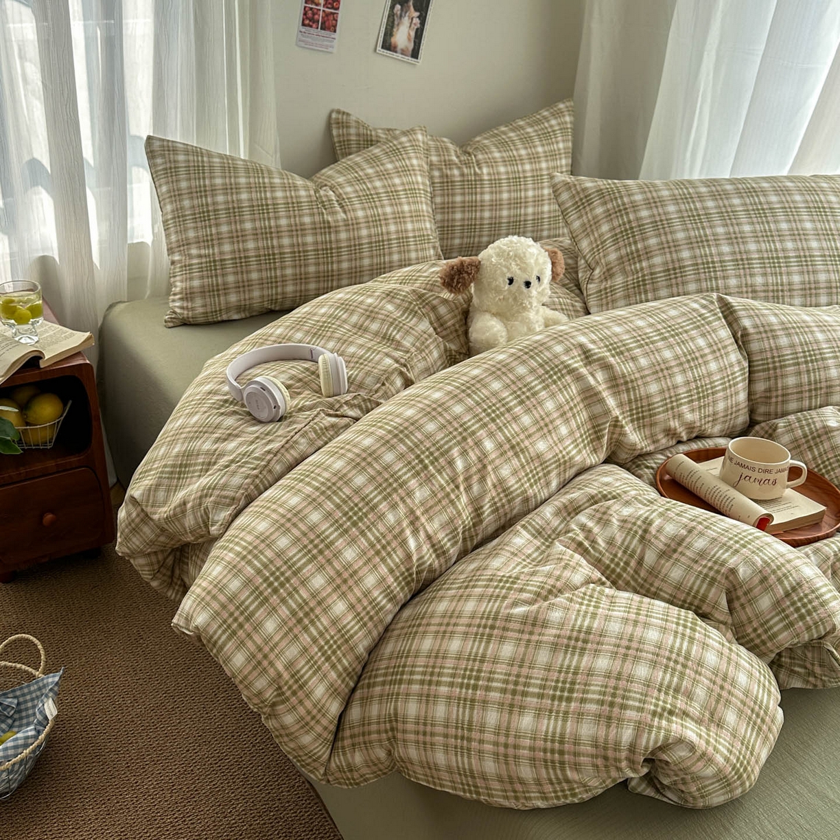 91家纺网 家纺一手货源 找家纺 思诺羽床笠 2026新款亲肤云朵双层纱无印风水洗棉三件套四件套 科隆绿格