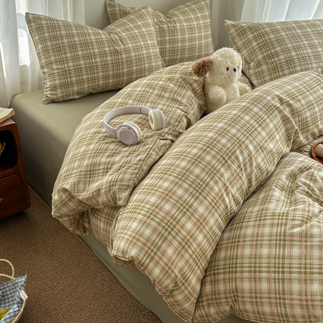 91家纺网 家纺一手货源 找家纺 思诺羽床笠 2026新款亲肤云朵双层纱无印风水洗棉三件套四件套 科隆绿格