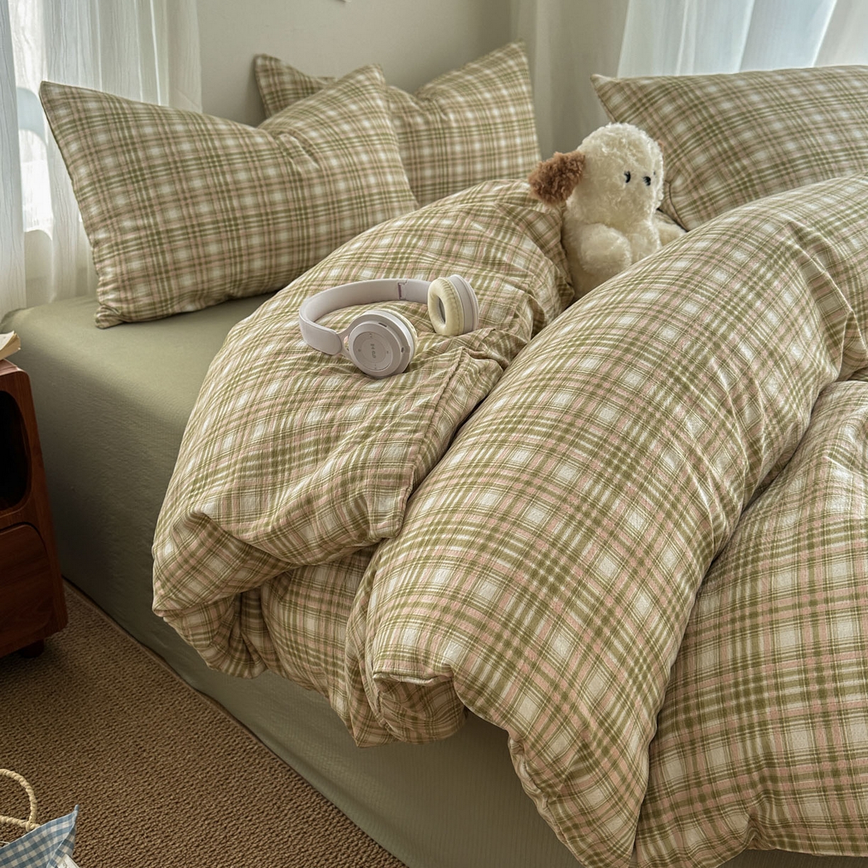 91家纺网 家纺一手货源 找家纺 思诺羽床笠 2026新款亲肤云朵双层纱无印风水洗棉三件套四件套 科隆绿格