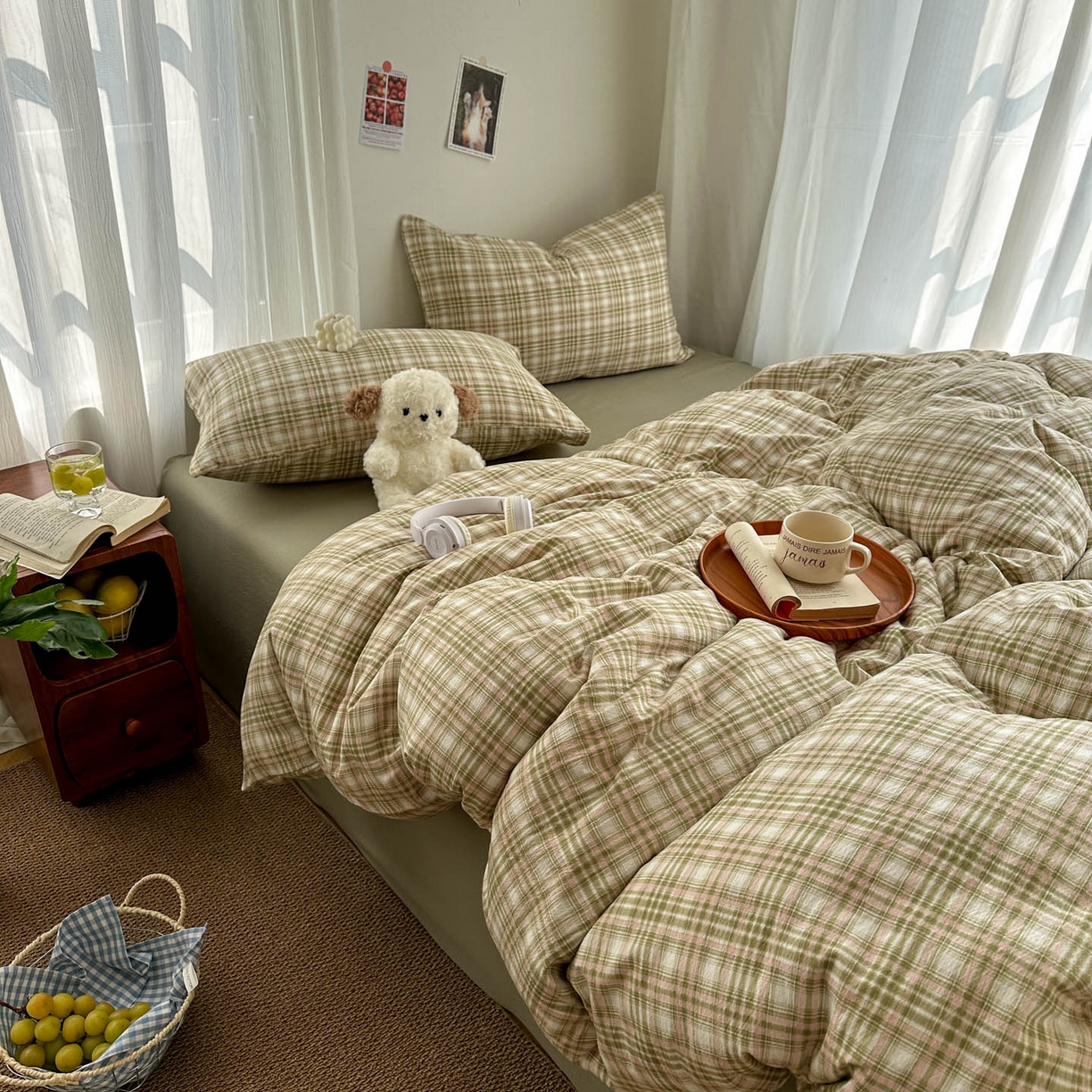 91家纺网 家纺一手货源 找家纺 思诺羽床笠 2026新款亲肤云朵双层纱无印风水洗棉三件套四件套 科隆绿格