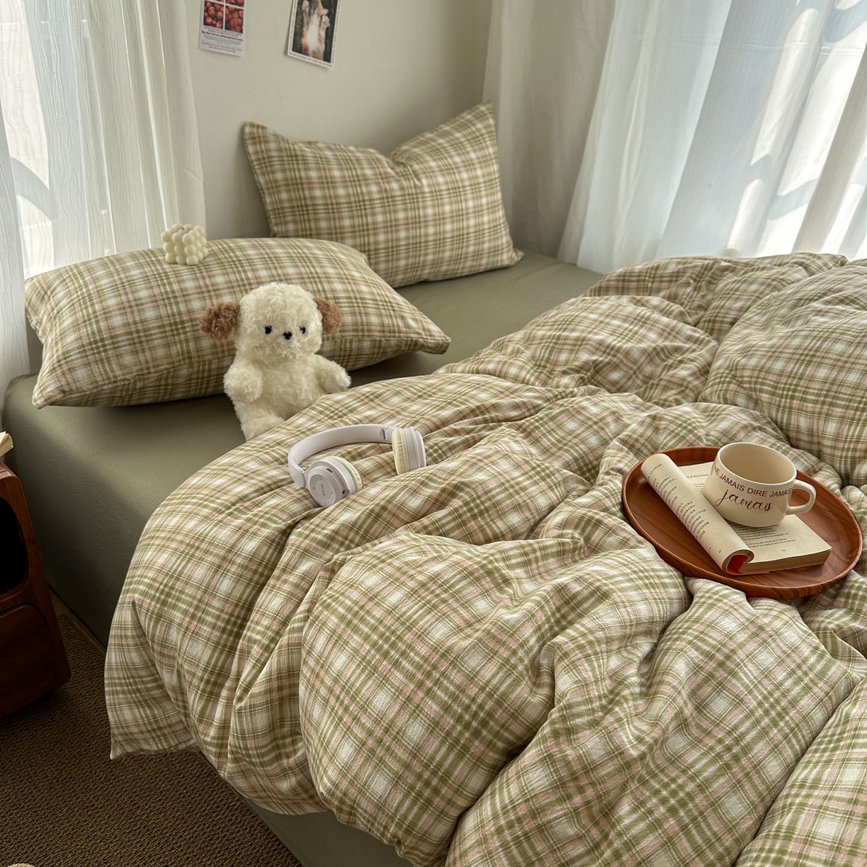 91家纺网 家纺一手货源 找家纺 思诺羽床笠 2026新款亲肤云朵双层纱无印风水洗棉三件套四件套 科隆绿格