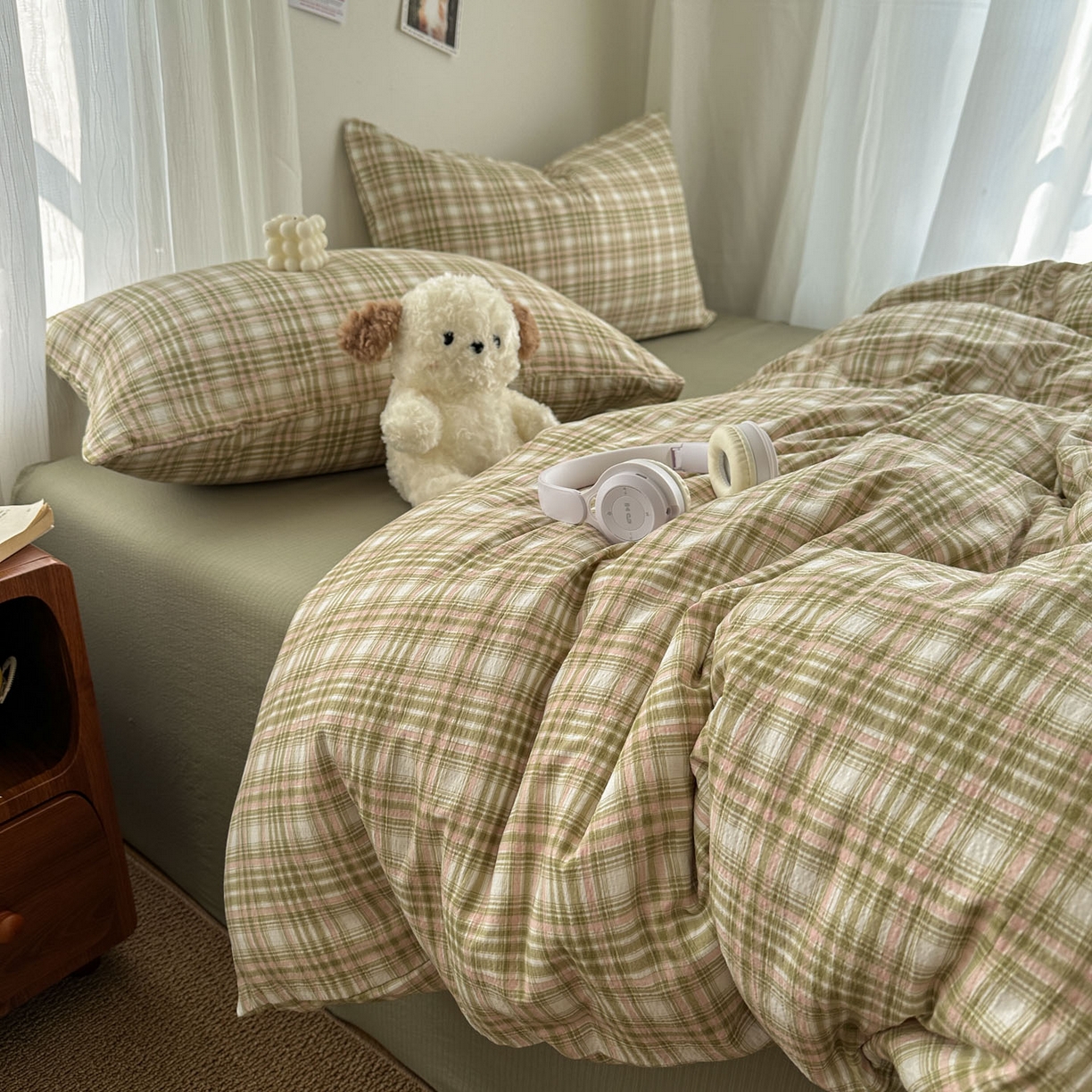 91家纺网 家纺一手货源 找家纺 思诺羽床笠 2026新款亲肤云朵双层纱无印风水洗棉三件套四件套 科隆绿格