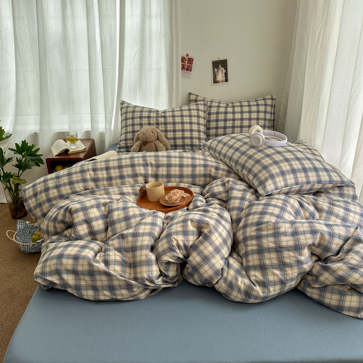 思诺羽床笠 2026新款亲肤云朵双层纱无印风水洗棉三件套四件套 米兰格