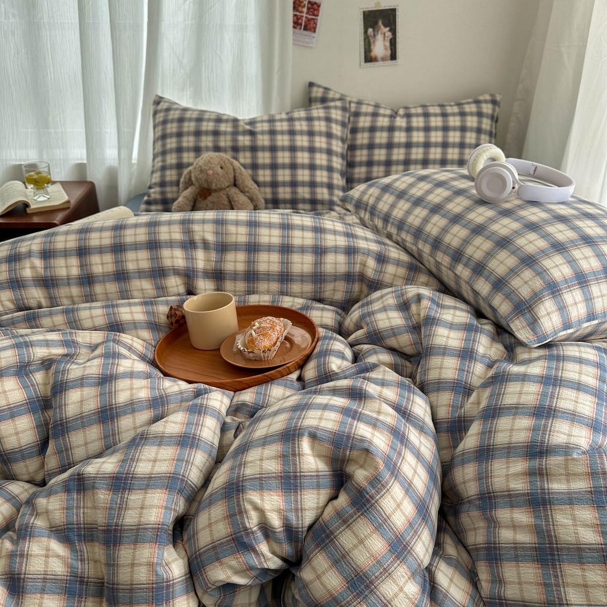 91家纺网 家纺一手货源 找家纺 思诺羽床笠 2026新款亲肤云朵双层纱无印风水洗棉三件套四件套 米兰格