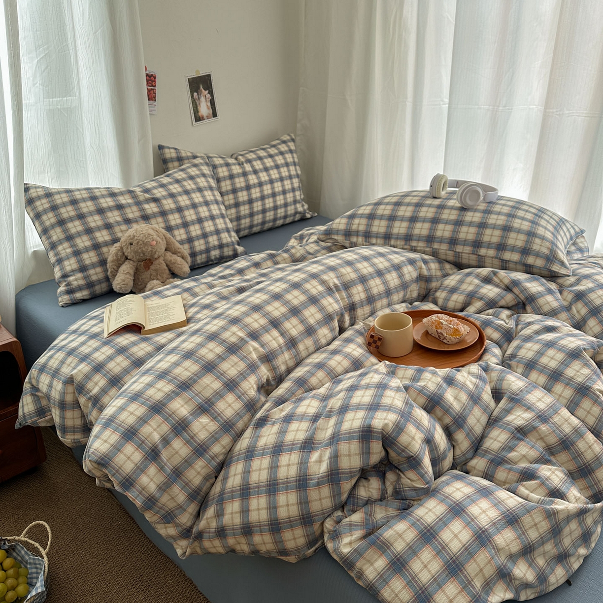 91家纺网 家纺一手货源 找家纺 思诺羽床笠 2026新款亲肤云朵双层纱无印风水洗棉三件套四件套 米兰格