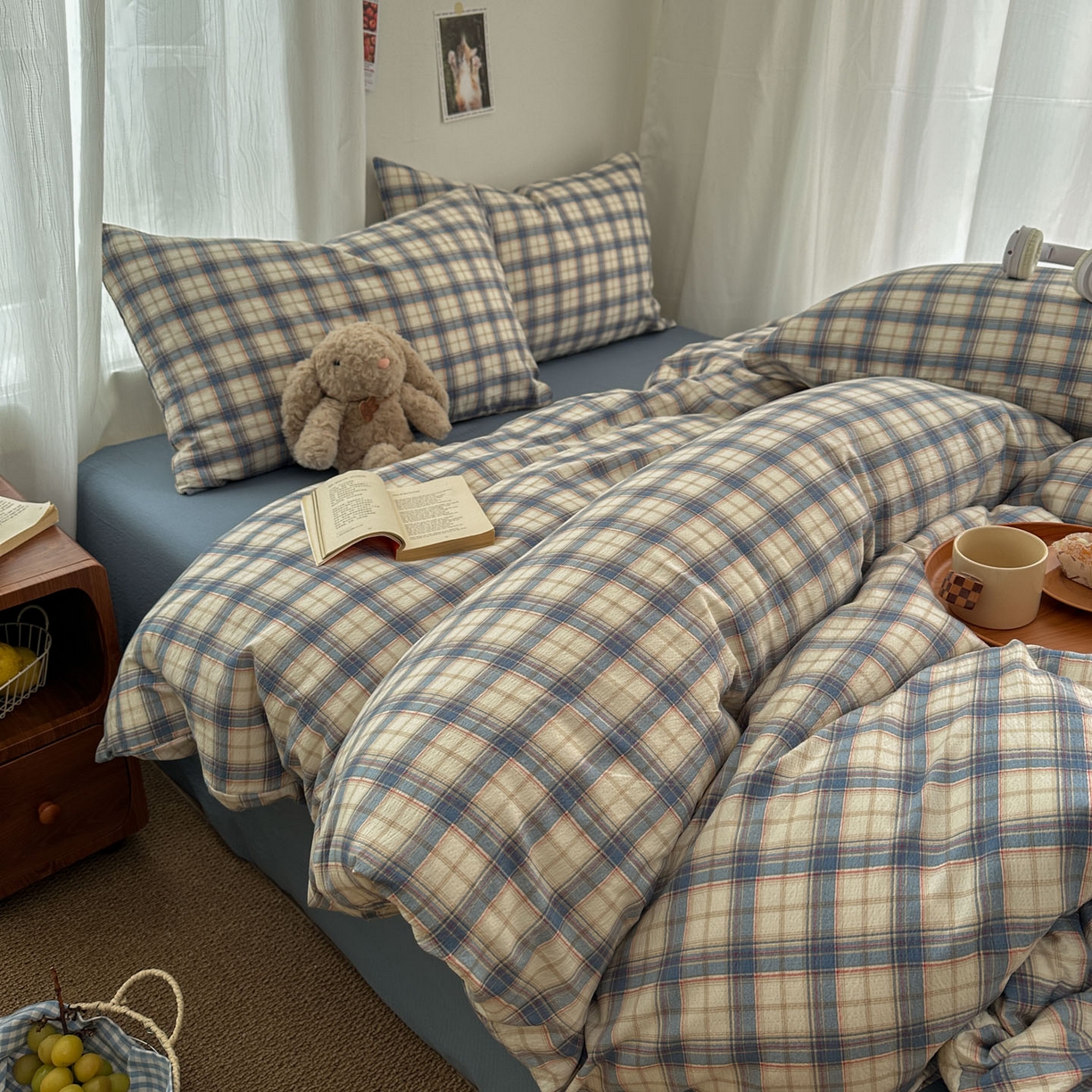 91家纺网 家纺一手货源 找家纺 思诺羽床笠 2026新款亲肤云朵双层纱无印风水洗棉三件套四件套 米兰格