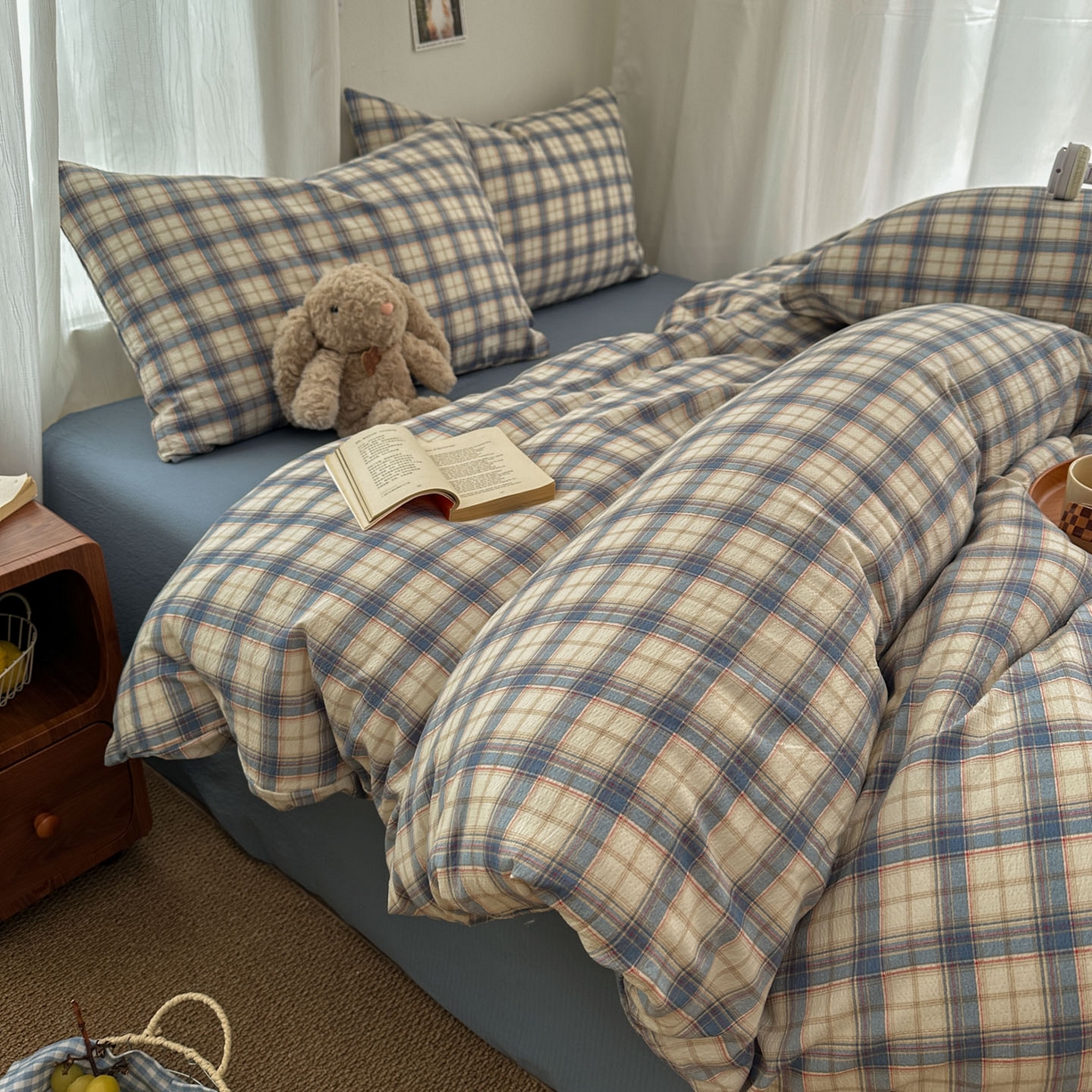 91家纺网 家纺一手货源 找家纺 思诺羽床笠 2026新款亲肤云朵双层纱无印风水洗棉三件套四件套 米兰格