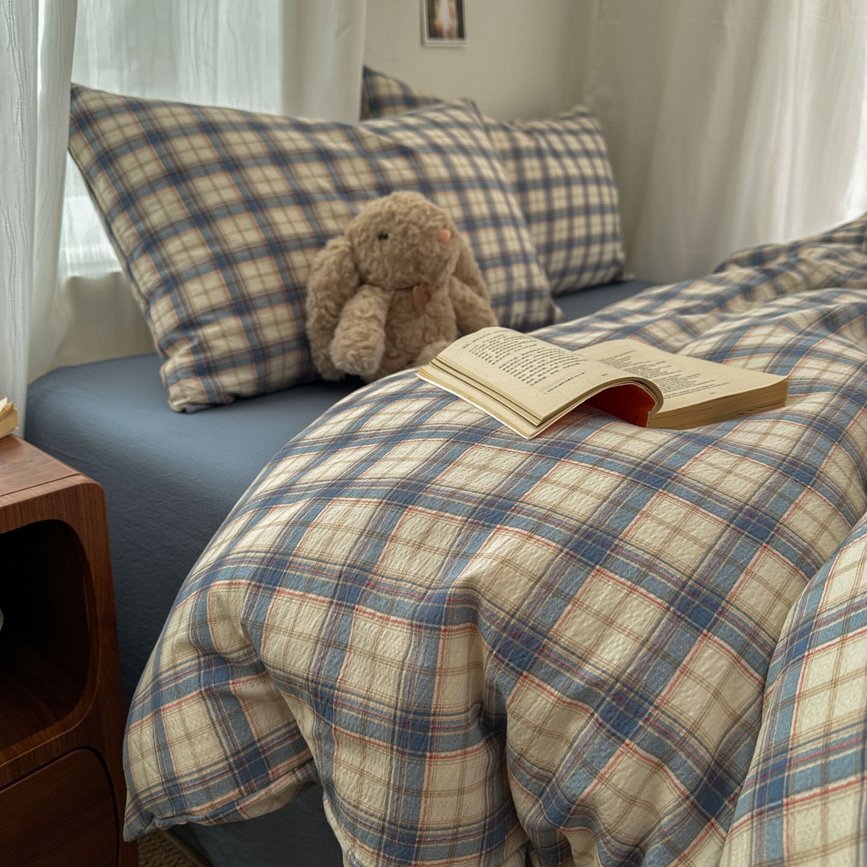 91家纺网 家纺一手货源 找家纺 思诺羽床笠 2026新款亲肤云朵双层纱无印风水洗棉三件套四件套 米兰格