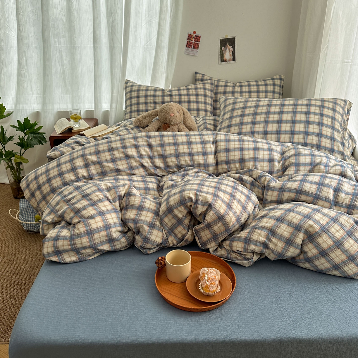 91家纺网 家纺一手货源 找家纺 思诺羽床笠 2026新款亲肤云朵双层纱无印风水洗棉三件套四件套 米兰格