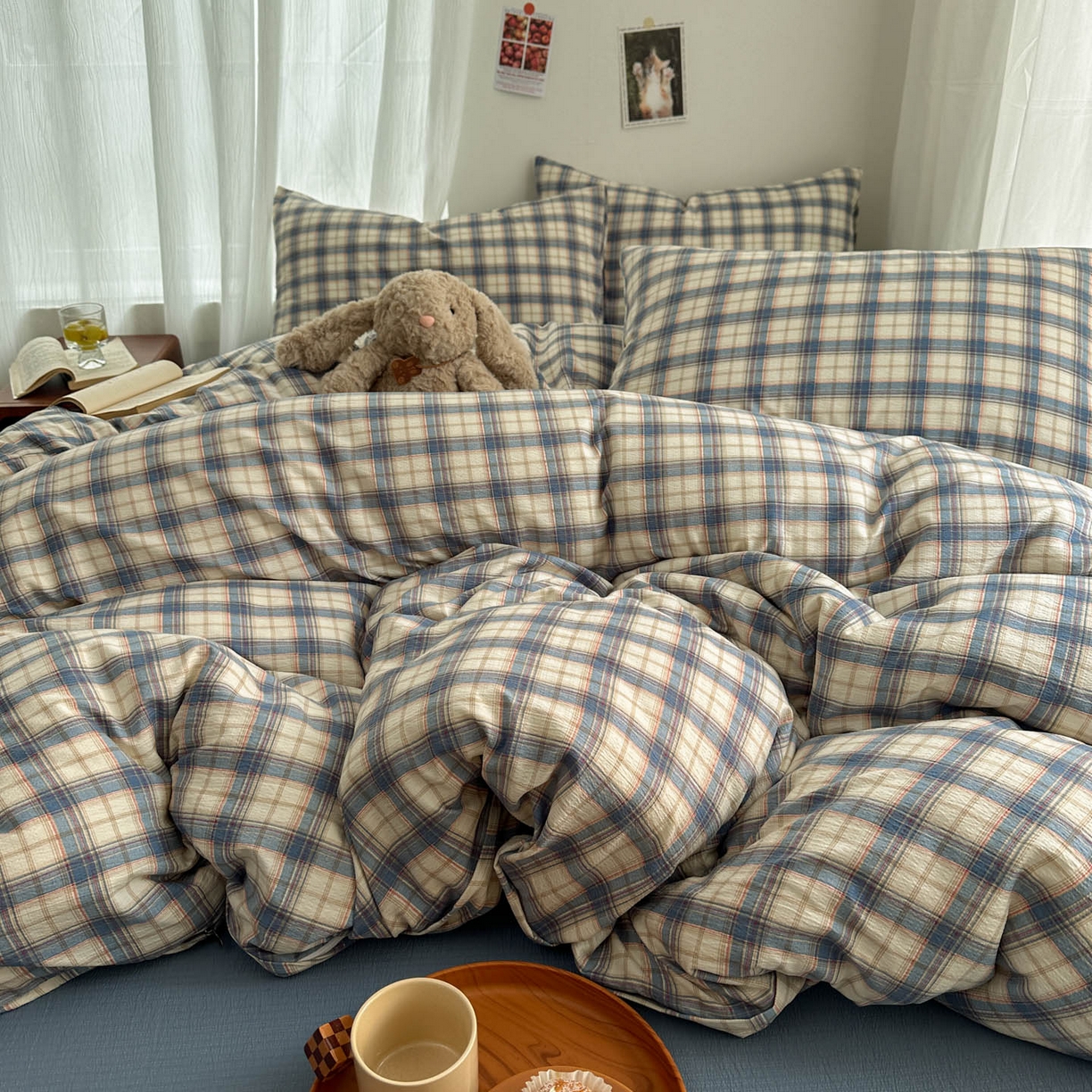 91家纺网 家纺一手货源 找家纺 思诺羽床笠 2026新款亲肤云朵双层纱无印风水洗棉三件套四件套 米兰格