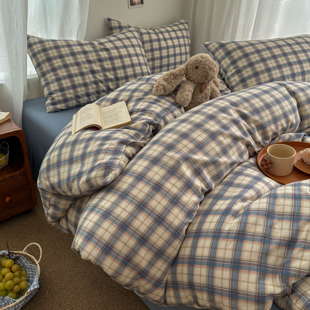 91家纺网 家纺一手货源 找家纺 思诺羽床笠 2026新款亲肤云朵双层纱无印风水洗棉三件套四件套 米兰格