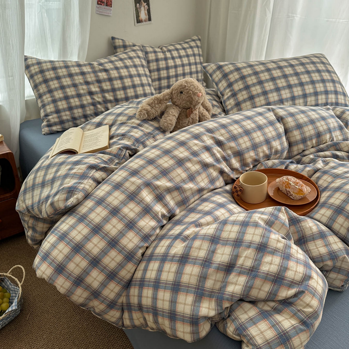 91家纺网 家纺一手货源 找家纺 思诺羽床笠 2026新款亲肤云朵双层纱无印风水洗棉三件套四件套 米兰格