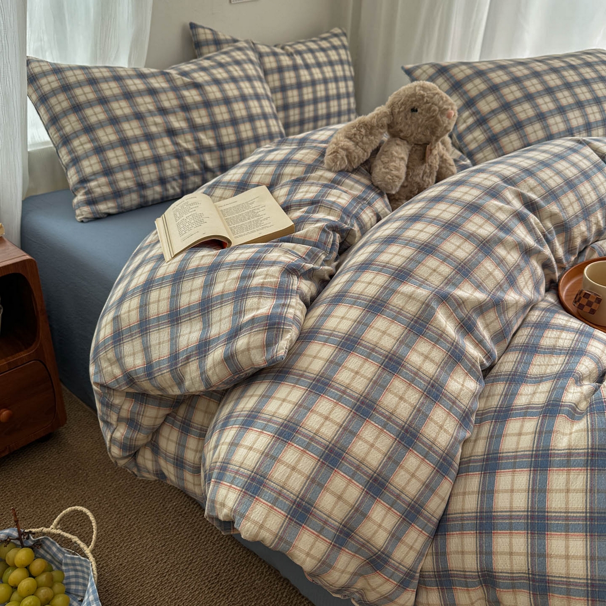 91家纺网 家纺一手货源 找家纺 思诺羽床笠 2026新款亲肤云朵双层纱无印风水洗棉三件套四件套 米兰格