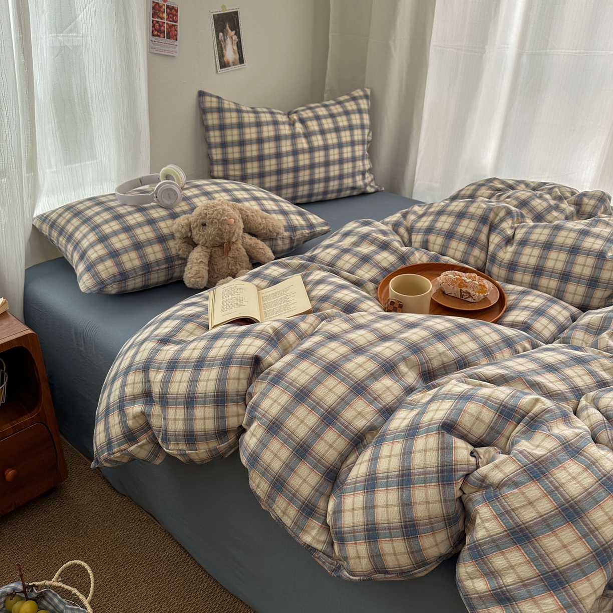 91家纺网 家纺一手货源 找家纺 思诺羽床笠 2026新款亲肤云朵双层纱无印风水洗棉三件套四件套 米兰格