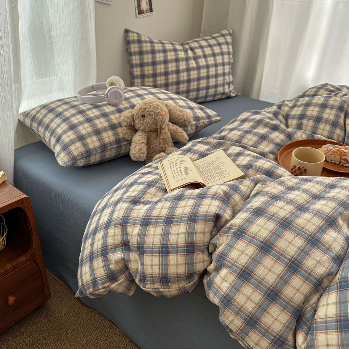 91家纺网 家纺一手货源 找家纺 思诺羽床笠 2026新款亲肤云朵双层纱无印风水洗棉三件套四件套 米兰格