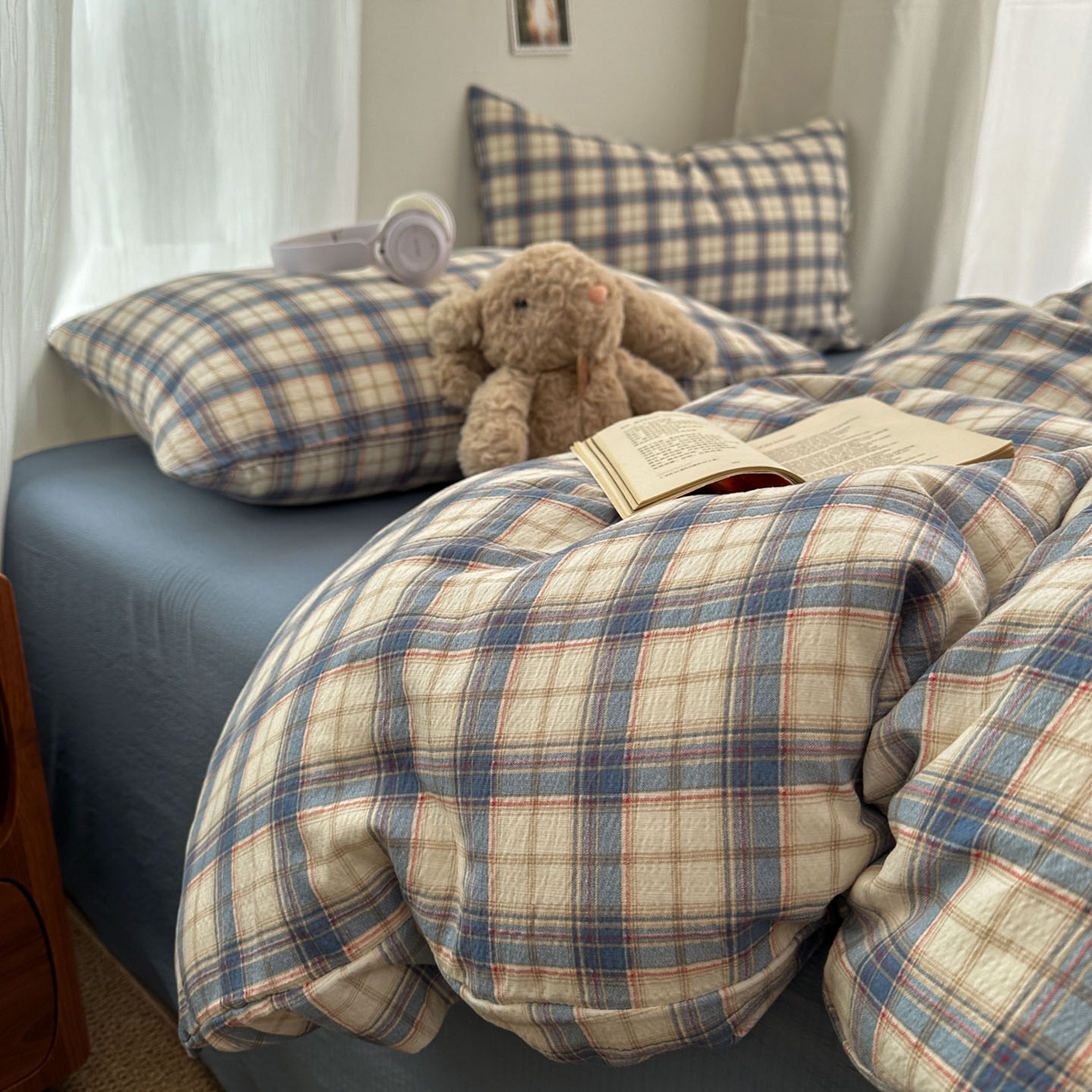 91家纺网 家纺一手货源 找家纺 思诺羽床笠 2026新款亲肤云朵双层纱无印风水洗棉三件套四件套 米兰格