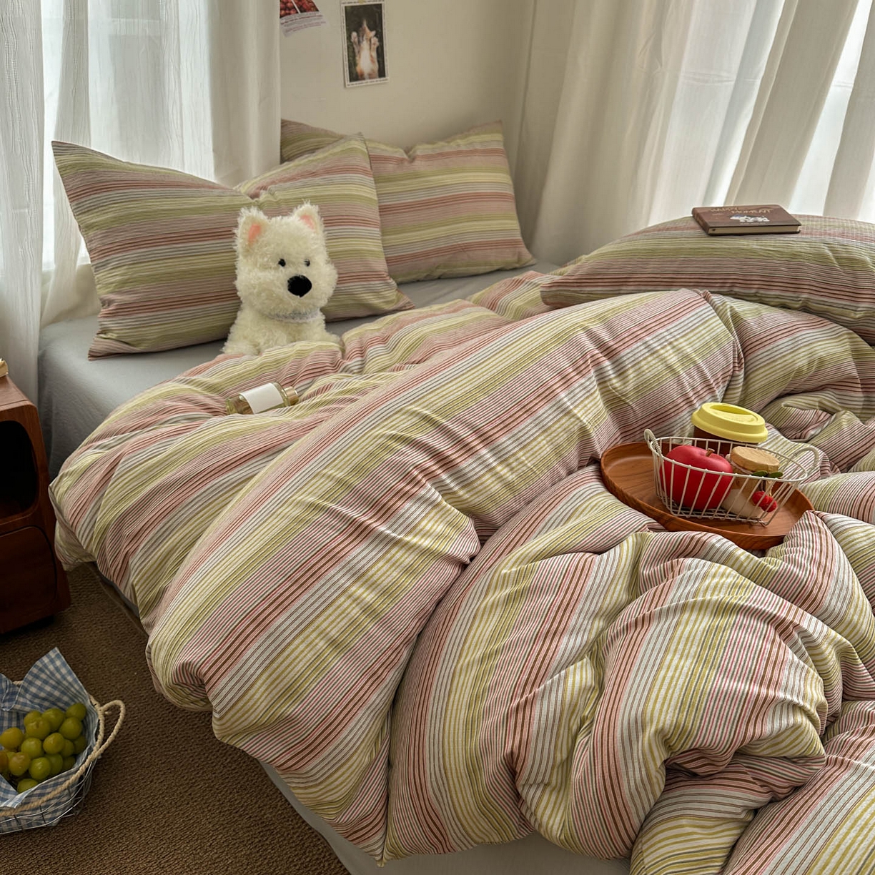 91家纺网 家纺一手货源 找家纺 思诺羽床笠 2026新款亲肤云朵双层纱无印风水洗棉三件套四件套 奶霜条