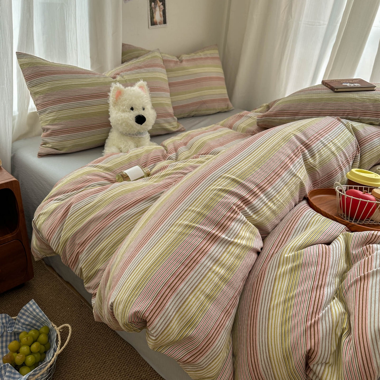 91家纺网 家纺一手货源 找家纺 思诺羽床笠 2026新款亲肤云朵双层纱无印风水洗棉三件套四件套 奶霜条