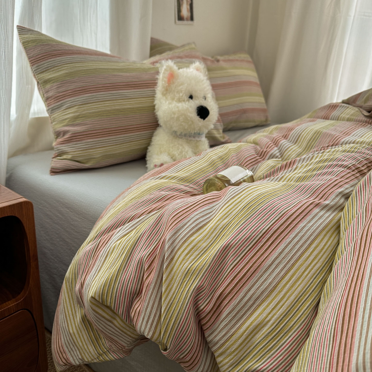 91家纺网 家纺一手货源 找家纺 思诺羽床笠 2026新款亲肤云朵双层纱无印风水洗棉三件套四件套 奶霜条