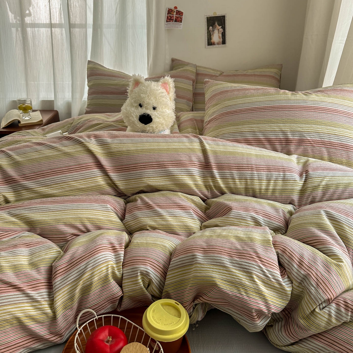 91家纺网 家纺一手货源 找家纺 思诺羽床笠 2026新款亲肤云朵双层纱无印风水洗棉三件套四件套 奶霜条