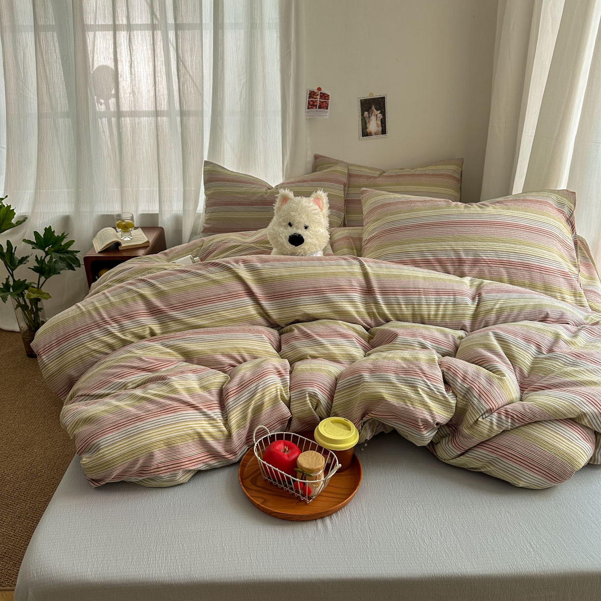 91家纺网 家纺一手货源 找家纺 思诺羽床笠 2026新款亲肤云朵双层纱无印风水洗棉三件套四件套 奶霜条