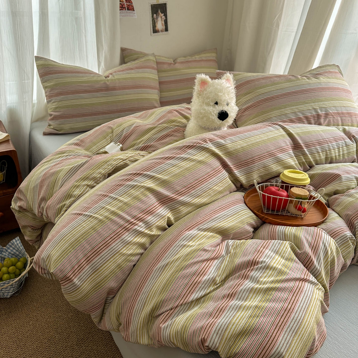 91家纺网 家纺一手货源 找家纺 思诺羽床笠 2026新款亲肤云朵双层纱无印风水洗棉三件套四件套 奶霜条