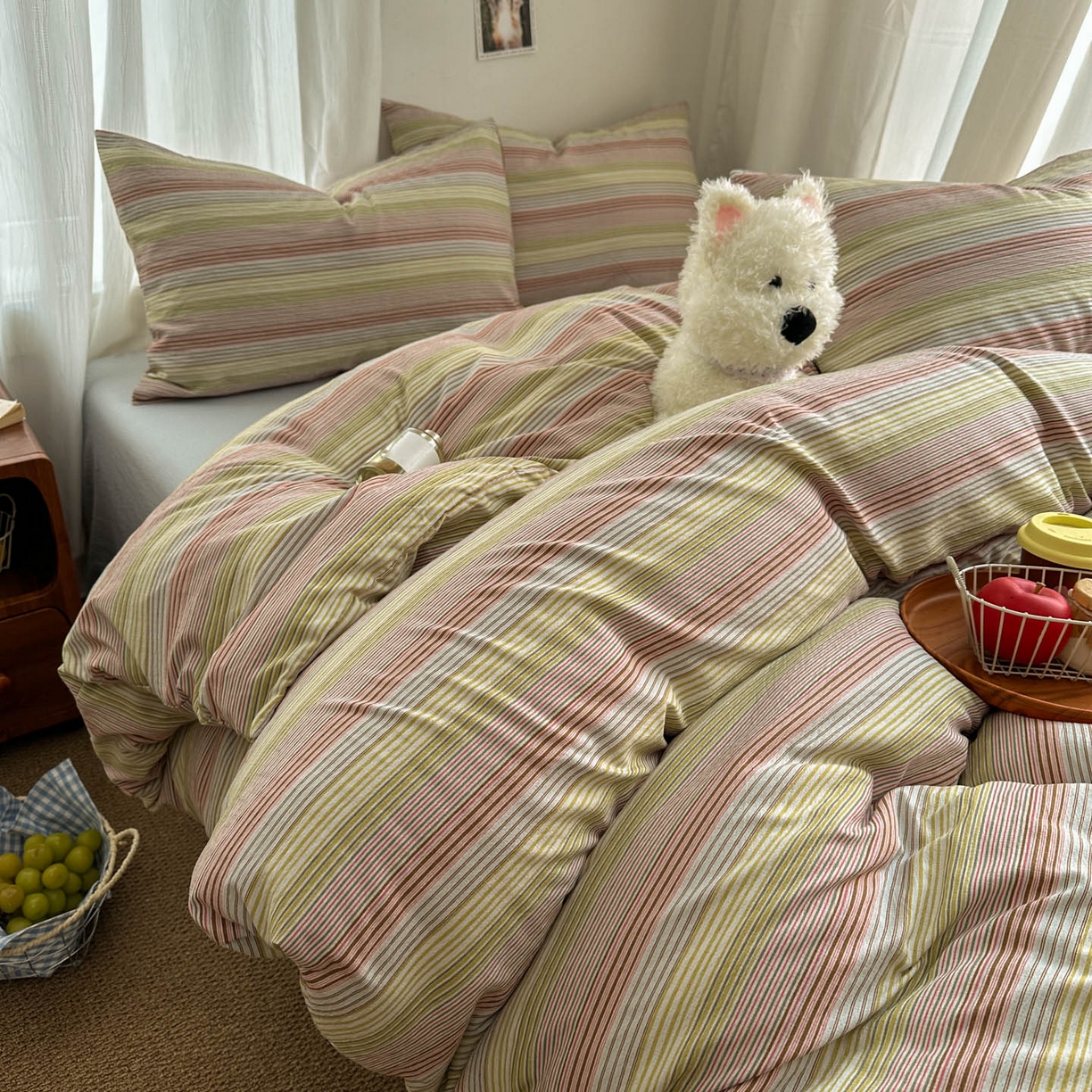 91家纺网 家纺一手货源 找家纺 思诺羽床笠 2026新款亲肤云朵双层纱无印风水洗棉三件套四件套 奶霜条