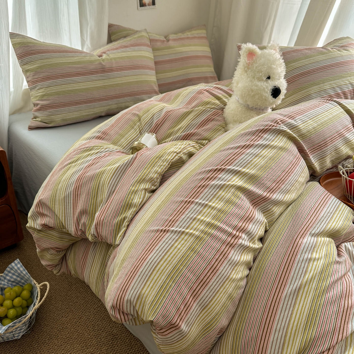 91家纺网 家纺一手货源 找家纺 思诺羽床笠 2026新款亲肤云朵双层纱无印风水洗棉三件套四件套 奶霜条