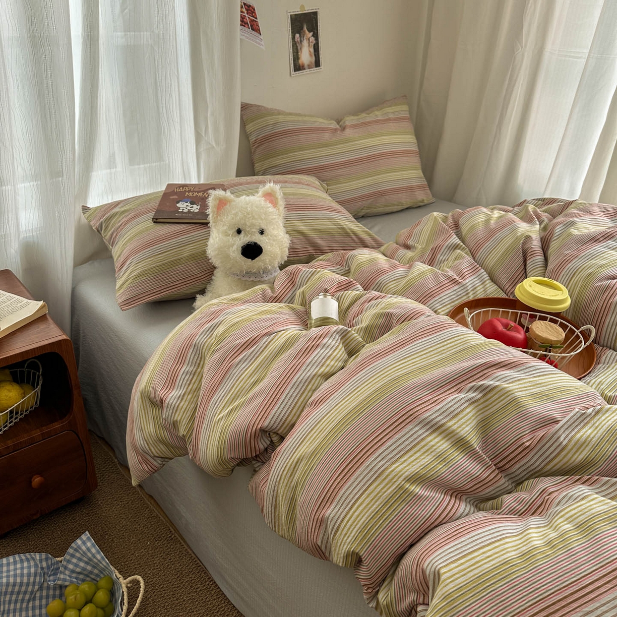 91家纺网 家纺一手货源 找家纺 思诺羽床笠 2026新款亲肤云朵双层纱无印风水洗棉三件套四件套 奶霜条